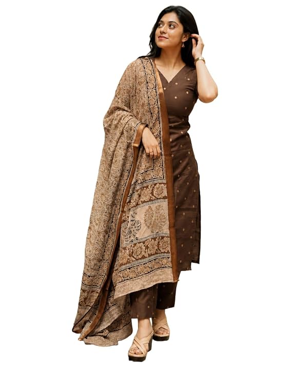 GoSriKi Kurta Set Women Viscose Printed | Kurti Set Woman | Kurta Pant Dupatta 3 Piece Outfit | V-Neck Elbow Length Sleeve Straight Fit Ethnic Wear Ladies Dress Stylish Traditional Clothing