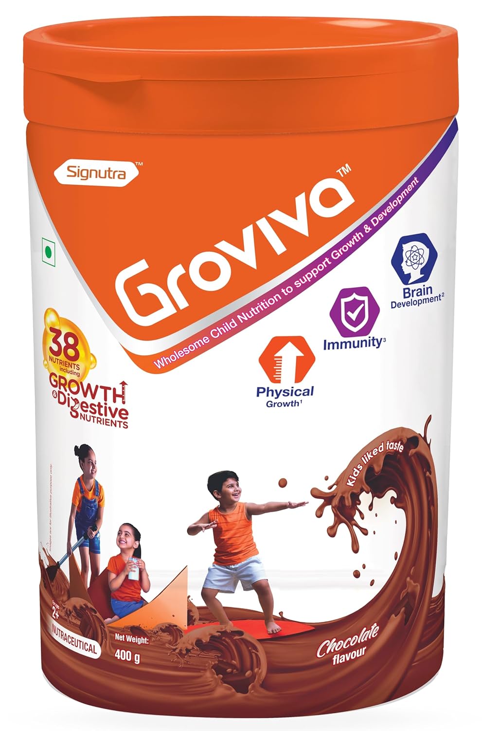 Groviva Milk Protein Powder for Kids 2-6 years | 400g Chocolate Jar | 38 Growth & Digestive Nutrients | Supports Physical Growth, Brain Development & Immunity Jar, 400g (Chocolate, Pack of 1)