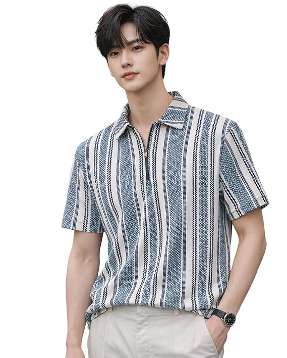 London Hills Men’s Loose Fit Half Sleeve Vertical Striped Polo T-Shirt with Zip Collar | Premium Polyester Fabric | T Shirt for Man | Tshirt | Shirts Men | Tshirt for Man | Men T-Shirts