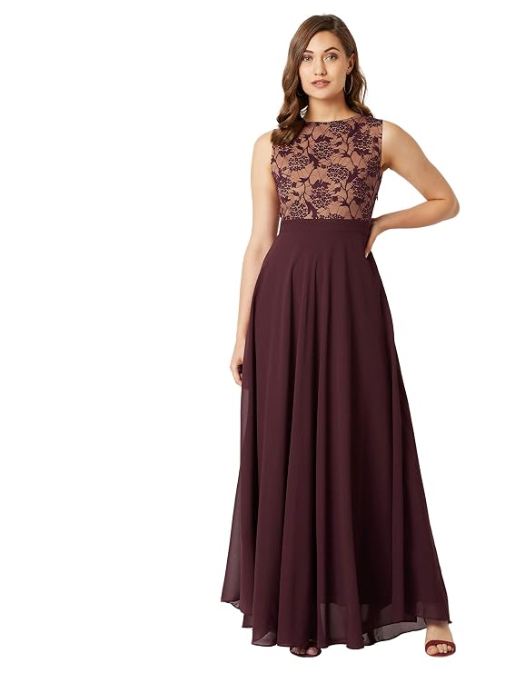 Miss Chase Women's Brick Red & Dusty Green Boat Neck Sleeveless Self Design Lace Overlaid Regular Dress