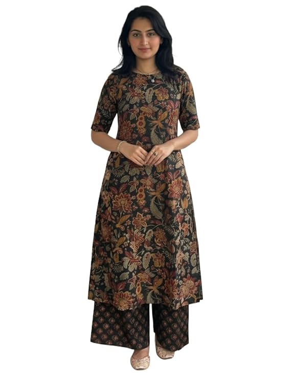 ANNI Designer Women's Viscose Blend Straight Printed Kurta with Palazzo | Elbow Length Sleeve Kurti Set