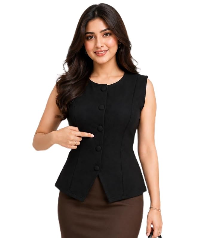 IUGA Women's Sleeveless Peplum Top, Black, 75% Cotton 25% Nylon, Front Button, for Office and Casual Wear