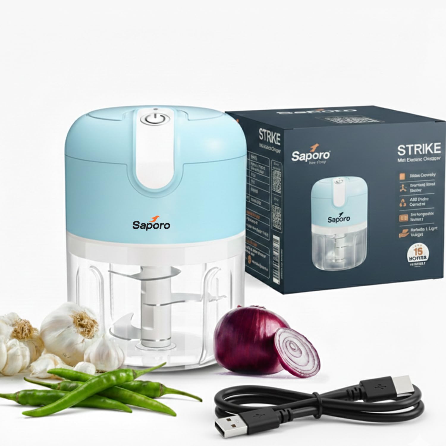 Saporo Strike Mini Rechargeable Vegetable Chopper for Kitchen - One Touch Operation - 3 Stainless Steel Blades for Chopping Onion, Mincing Garlic, Nuts, Meats - 250 ml Capacity, Blue
