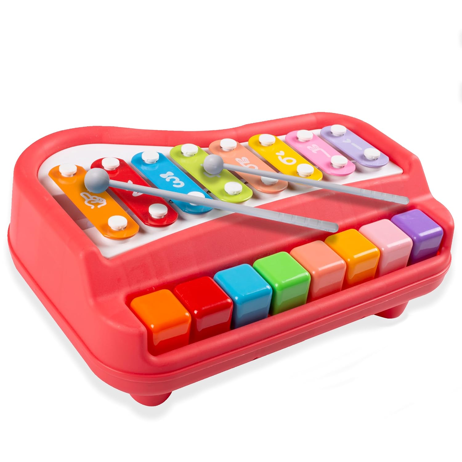 Gooyo 1511 Preschool Kids Educational Knock Playing Musical Xylophone Toy for Kids | 2 in 1 Big Musical Piano and Xylophone Toy with Colorful Keys & 2 Mallets | Red | No Batteries Required