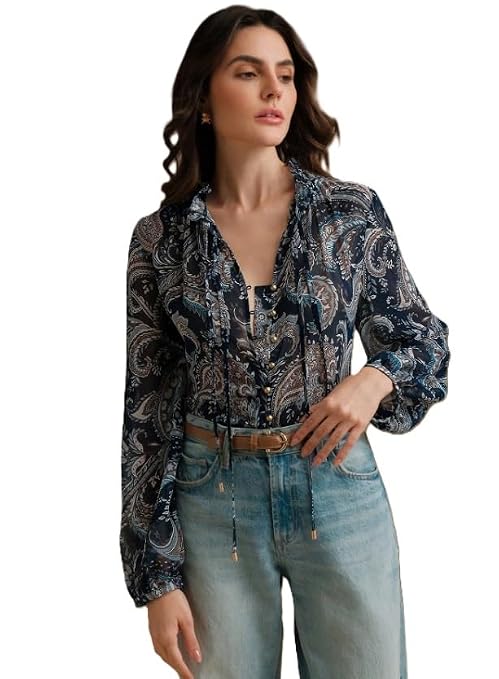 Women Georgette Regular Fit Shirt ||Women Top || Cecily Paisley-Trim Button-Front Shirt (S-01-04)
