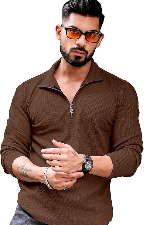 KAJARU Men's Polyester Blend T Shirt with Spread Collar Neck Line Zipper Closure Full Sleeves Solid Pattern Regular Fit and Standard Length