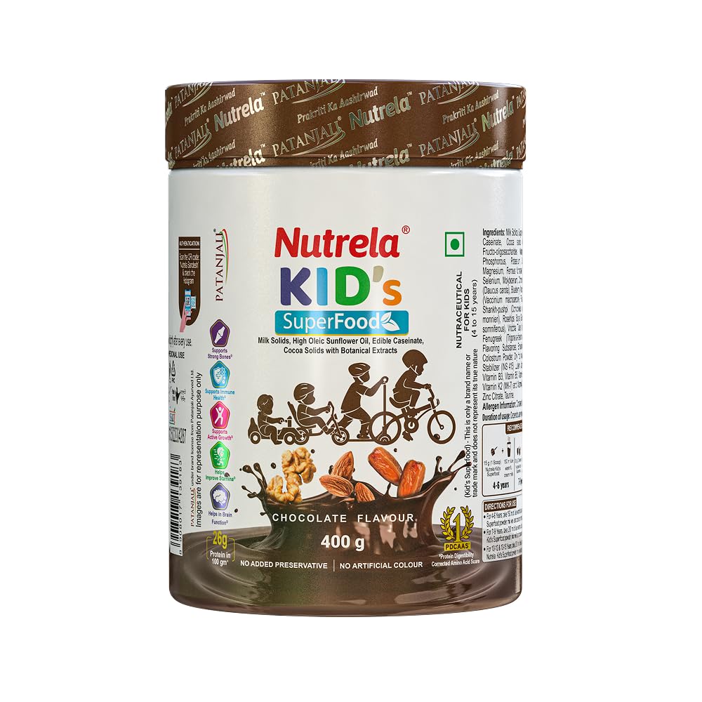 Nutrela Kids Protein Powder - 400g, Chocolate Flavour | Helps in Memory and Brain Development | Improve Muscle Mass, Bone and Teeth Strength | Ideal for 4 to 15 Years