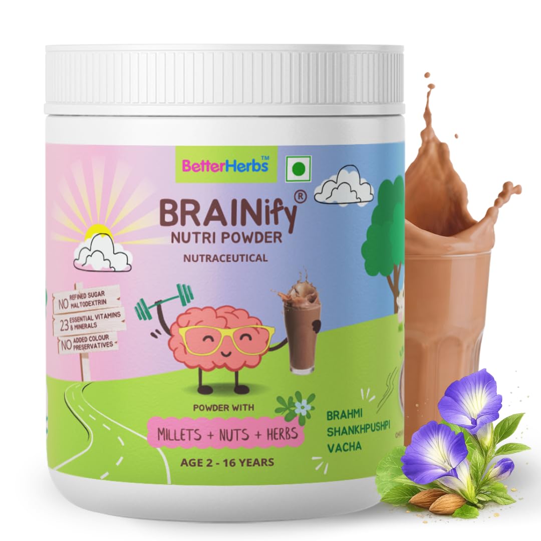 BRAINIFY by BetterHerbs Nutrition Drink Powder Chocolate - 325g | 2-16 Years | No Refined Sugar | 7 Herbs + Millets + Nuts | 23 Essential Nutrients | Brahmi + Shankhpushpi + Vacha