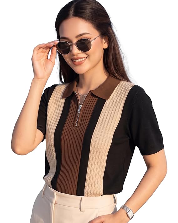 AUSK Women’s Casual Summer Polo Knit T-Shirt | Zip Collar Top | Half Sleeves | Ribbed Panel Design | Lightweight Comfort | Regular Fit