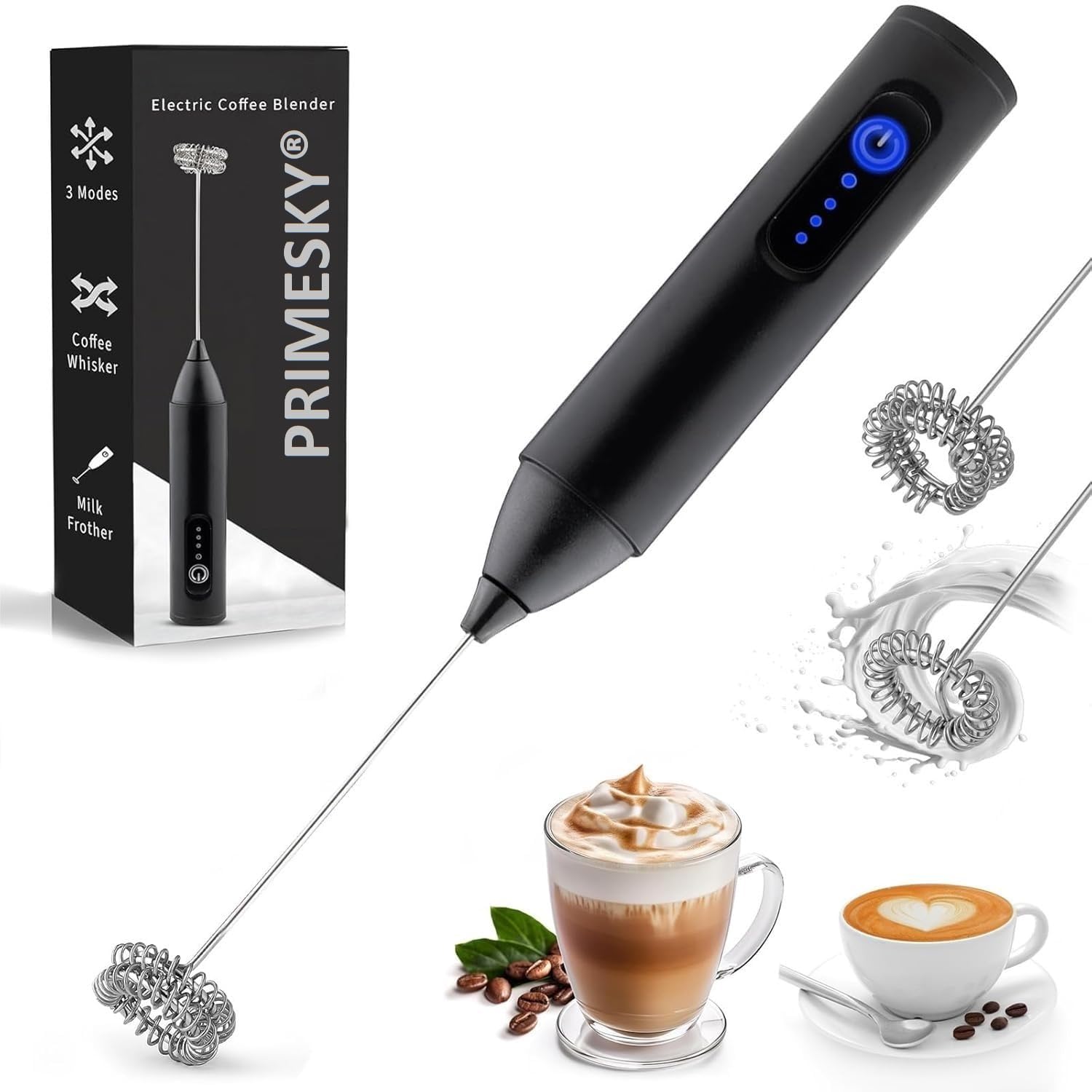 PRIMESKY® Coffee Frother Electric Blender Wand 3 Speed Modes Rechargable Mini Handheld Milk Frother with Stainless Steel Whisk Drink Mixer