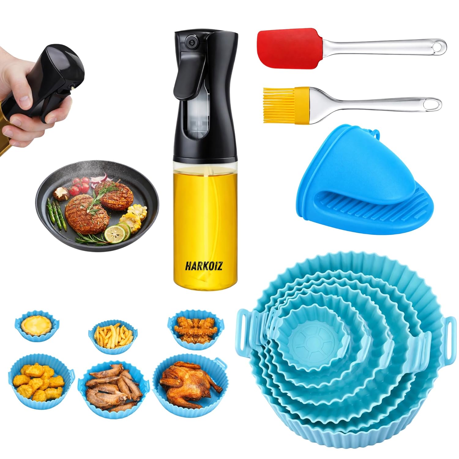 10 Pcs Combo Kit Air Fryer Silicone Liner Set (6 Sizes) with Oil Spray Bottle 200ml, Silicone Brush, Spatula & Heat Resistant Grip | Reusable Non-Stick Air Fryer Accessories