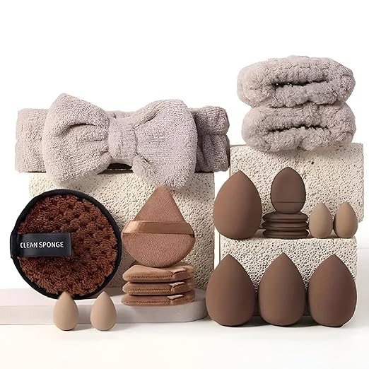 Multi-Shape Makeup Sponge Set | 20 Piece Beauty Puff Collection with Headband and Clean Sponge | Pink, Purple, Beige & Bright Sets | Face Blender Kit for Cream, Liquid & Powder