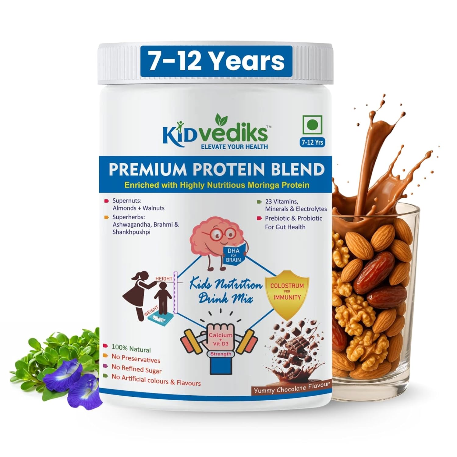 KidVediks Kids Protein Powder for Ages 7–12 yrs (350g) | Nutrition Drink Powder| Brain Booster | Health drink for kids | 8g Protein/Serving | 23 Vitamins & Minerals, DHA, Calcium, Zinc