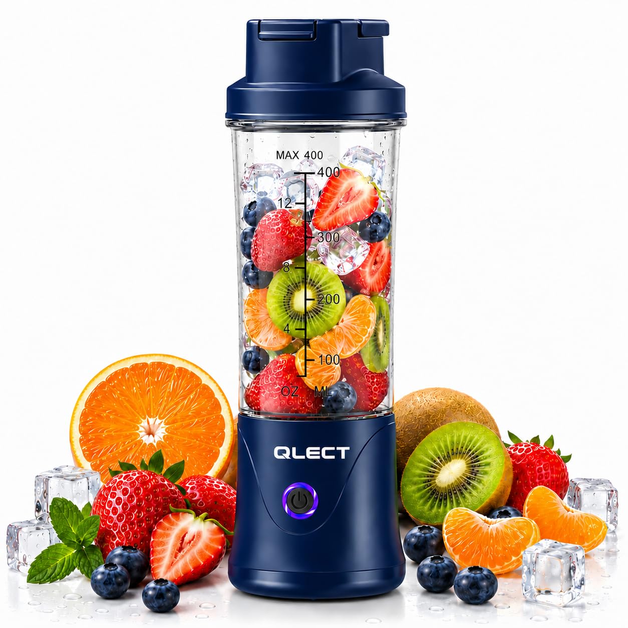 QLECT Portable Juicer Blender 400ML, 22 Stainless Steel Blades, 3000mAh Battery, 7.4V Motor, USB Type-C Rechargeable Smoothie Maker for Fruits, Protein Shakes & Travel(Blue)