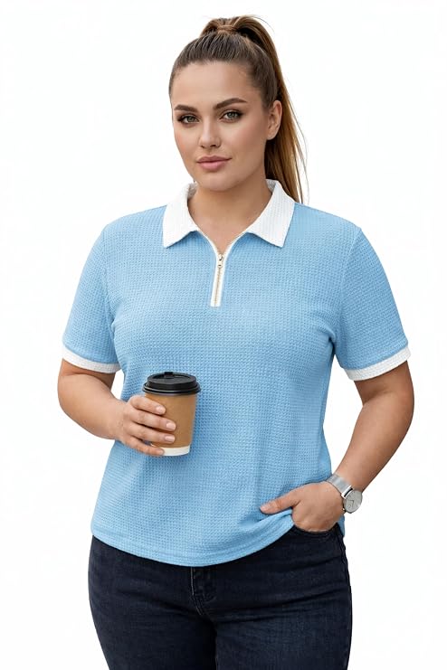 Women Polyester Regular Fit Polo T-Shirt with Short Sleeve and Zipper Waffle Self Design