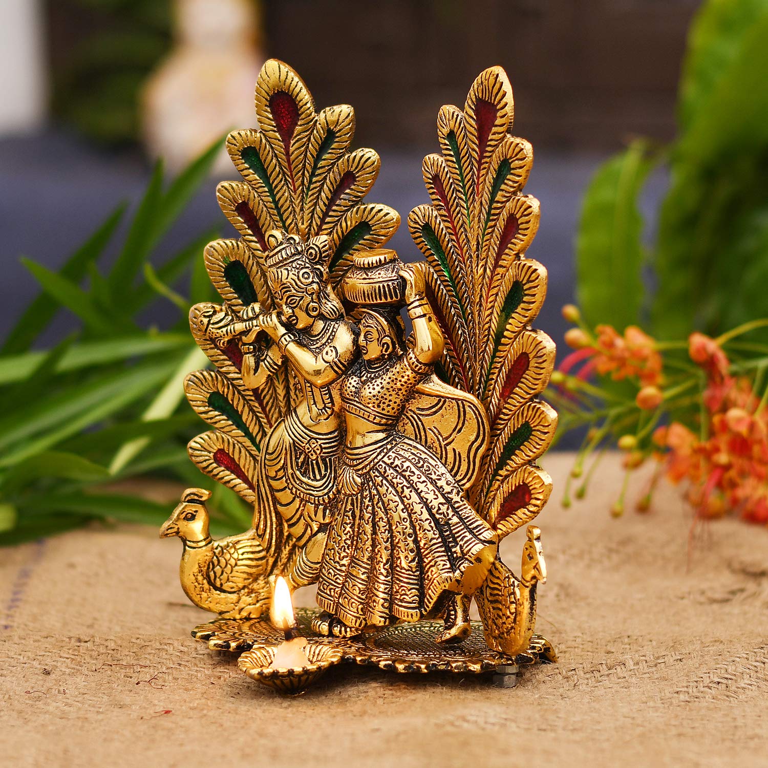 Collectible India Peacock Design Radha Krishna Idol Showpiece with Diya for Puja and Home Decor