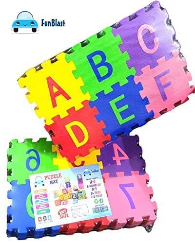 FunBlast 36 Pieces Mini Puzzle Foam Mat for Kids, Interlocking Learning Alphabet and Number Mat for Kids - Multi-Color