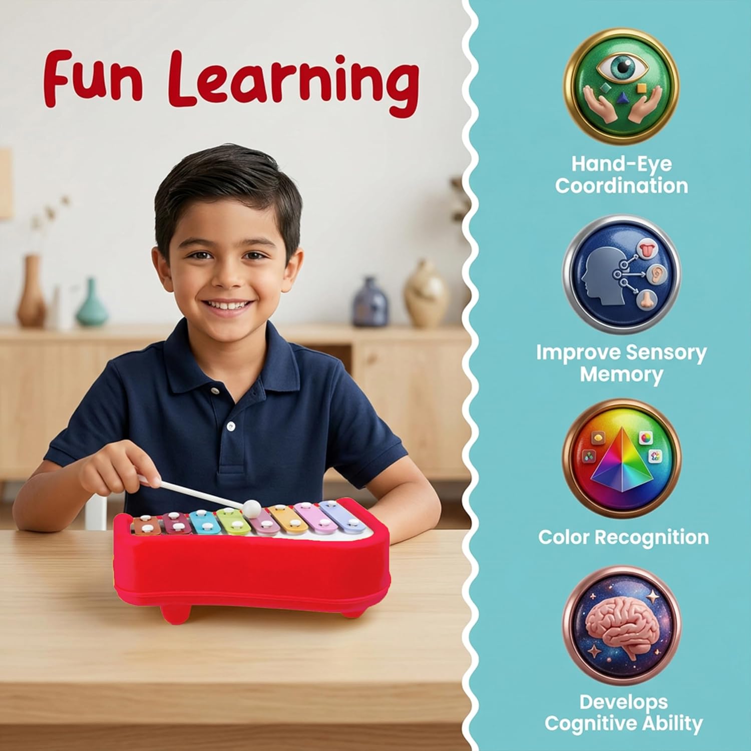 Gooyo 1511 Preschool Kids Educational Knock Playing Musical Xylophone Toy for Kids | 2 in 1 Big Musical Piano and Xylophone Toy with Colorful Keys & 2 Mallets | Red | No Batteries Required