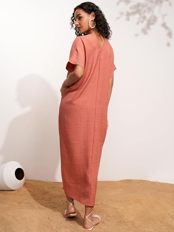 Tokyo Talkies Women's Dresses for Women | Solid Color | Kaftan Style | Holiday Midi Dress | Short Kaftan Sleeves | Relaxed & Elegant