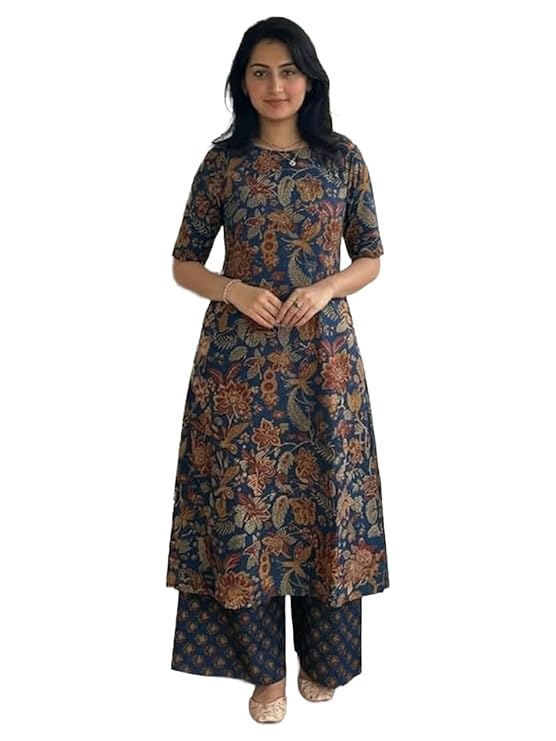 ANNI Designer Women's Viscose Blend Straight Printed Kurta with Palazzo | Elbow Length Sleeve Kurti Set