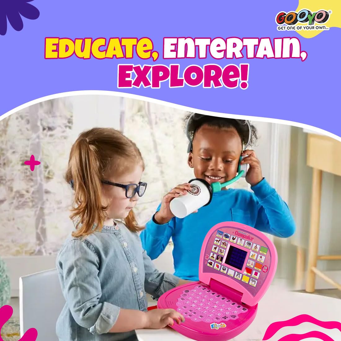 Gooyo GY-2020A Educational Learning Laptop Toy with LED Display and Musical Effects | Play & Learn with Fun | Indoor Toy for Kids | Educational Toy | Pink | 3xAA Battery (Not Included)