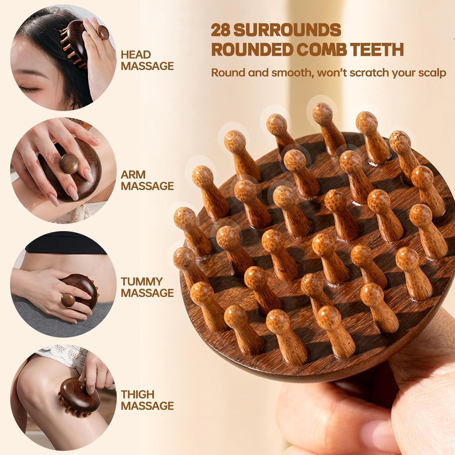 Flavoma Natural Wood Tooth Hair and Scalp Massager Comb | 28 Teeth Massage Comb | Stress Relief & Detox Shampoo Brush, Wet and Dry for Reduces Dandruff and Stimulates Hair Growth | Multifunctional Meridians Scalp Massager
