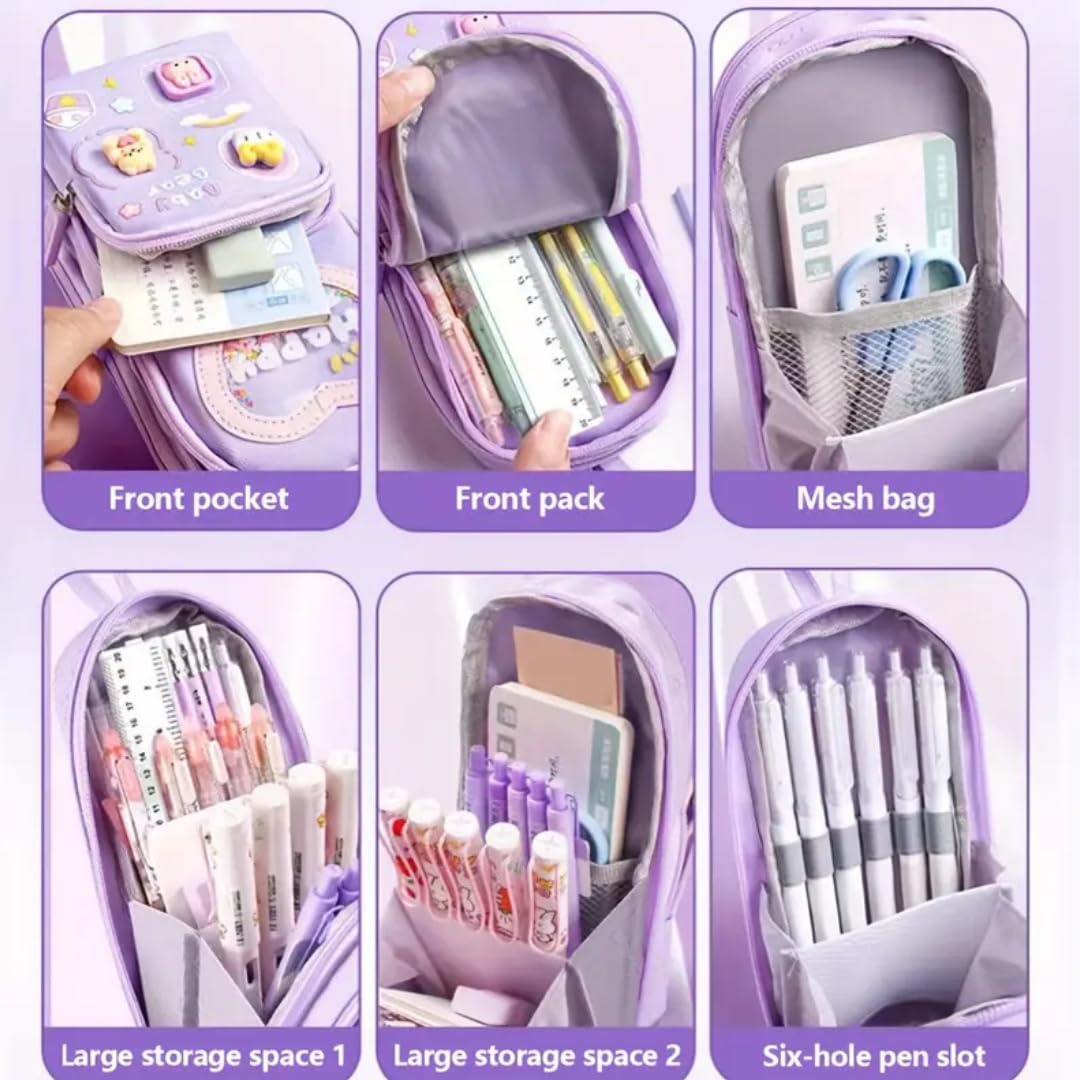 Supreme Deals Canvas Premium Pencil Case, 6 Layer, 3 Compartments, Large Capacity, Cute Aesthetic Design For Girls, Multifunctional Pouch For School Kids, purple