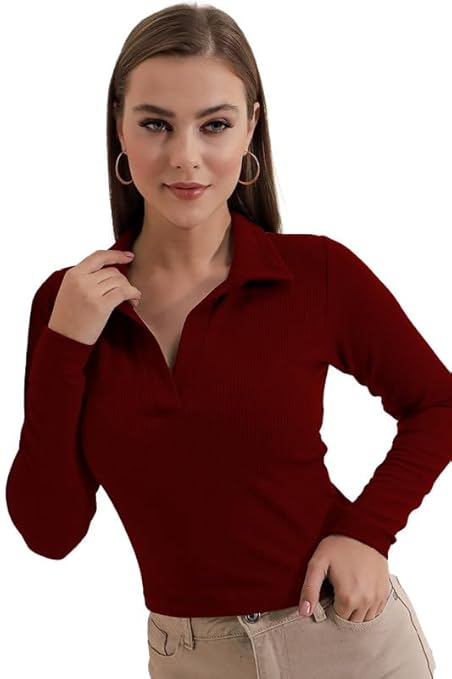 Dream Beauty Fashion Women's Collared Neck Long Sleeve Slim Fit Casual Tee Top, 23" inches (Apple-01-P)