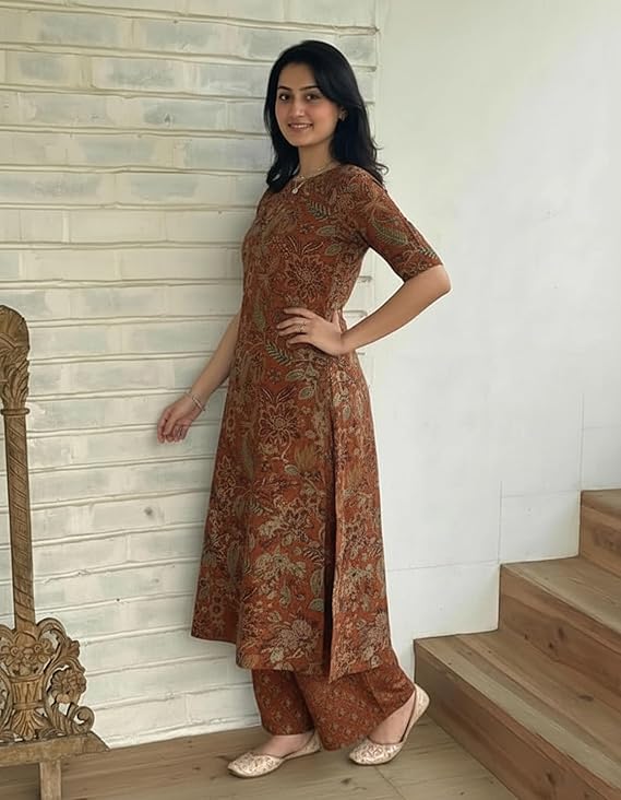 ANNI Designer Women's Viscose Blend Straight Printed Kurta with Palazzo | Elbow Length Sleeve Kurti Set