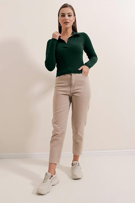 Dream Beauty Fashion Women's Collared Neck Long Sleeve Slim Fit Casual Tee Top, 23" inches (Apple-01-P)