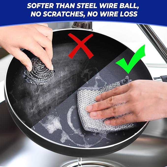 6 Piece Wire Dishwashing Rags for Wet and Dry Non-Scratch Steel Wool Scrubber,Cleaning Pads Multi-use Kitchen Wipes, Stainless Steel Miracle Cleaning Cloths Scrub Sponges