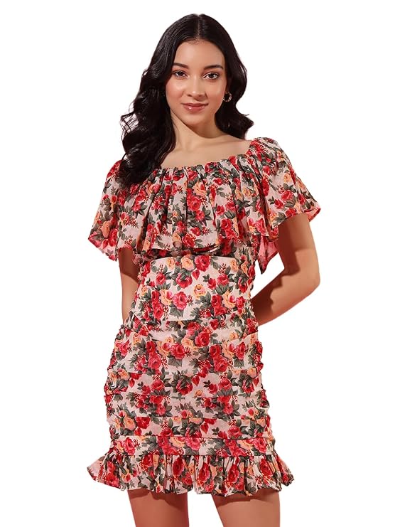 Trend Arrest.ed Women's Floral Ruched Mini Dress | Off-Shoulder Ruffle Neckline | Fully Lined Short Dress | Casual Summer Brunch & Vacation Wear