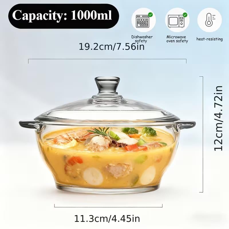 Glass Casserole Dish with Lid, 1000ml, Clear, Heat-Resistant, Microwave and Dishwasher Safe, for Soups and Stews - 1 pcs