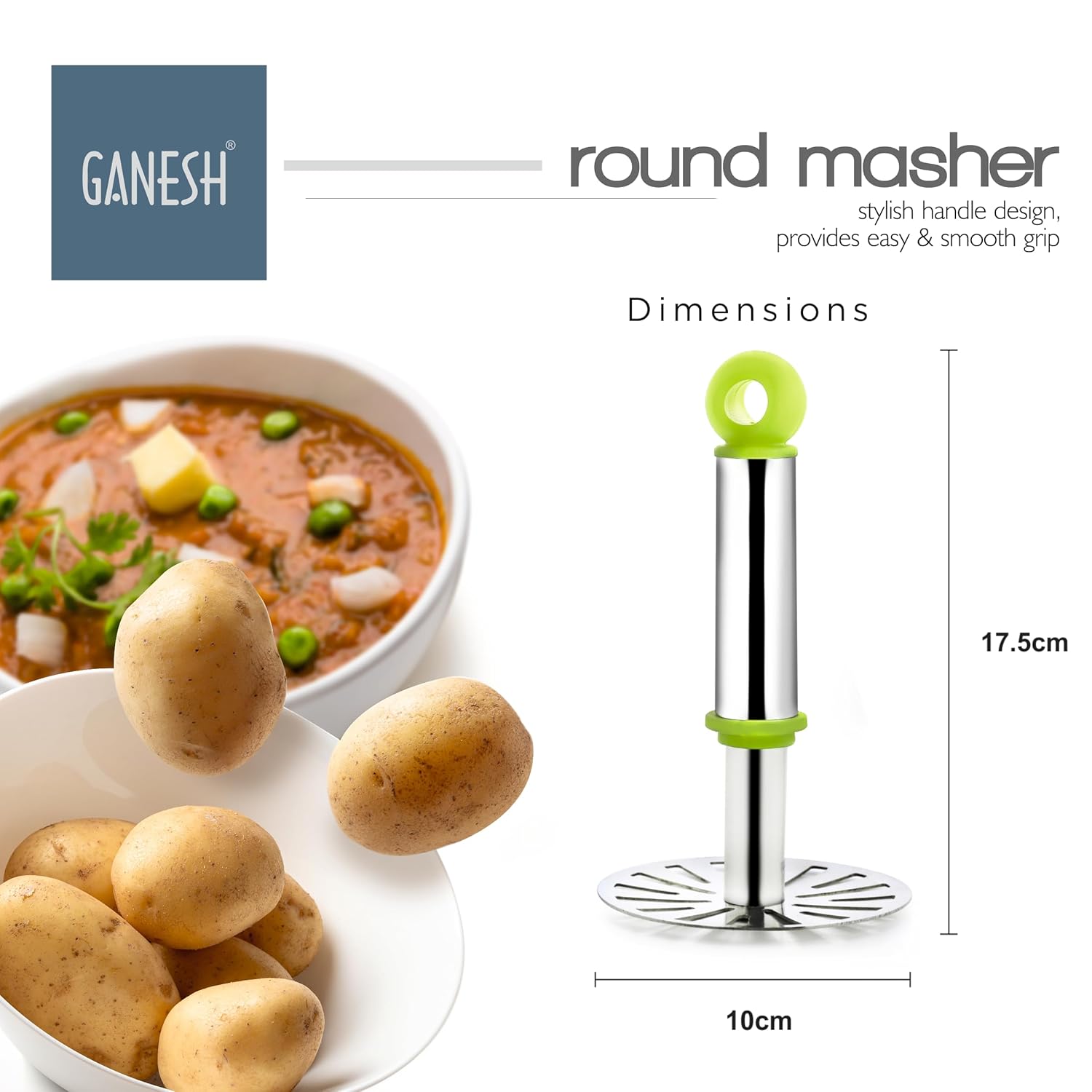 GANESH Stainless Steel Potato Crusher Vegetable Smasher Pav Bhaji Masher