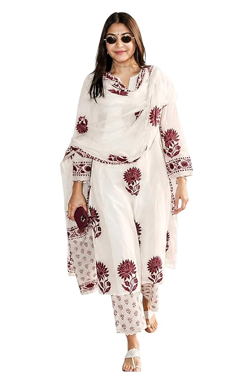 Women's Hand Block Floral Printed Straight Kurta Set with Palazzo Pants & Dupatta Ethnic Kurta Set for Casual Outings Day Events Summer Wear Festive