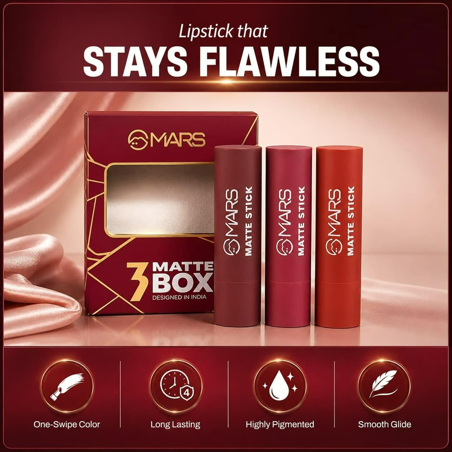 MARS Matte Box Set of 3 Lipsticks for Women | Pack of 3 Lipsticks | Matte Finish, Highly Pigmented | Smooth Glide & Long-Lasting| No Frequent Touch-ups (3x3.2 gm) (02-Peaches & Nudes)