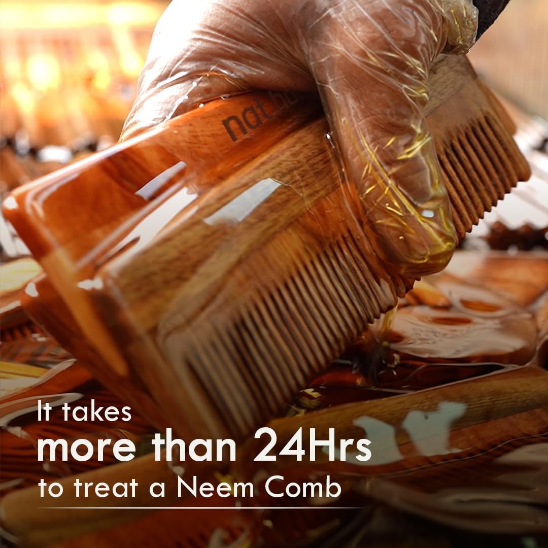 Nat Habit Kacchi Neem Wooden Comb, Soaked In 17 Herbs Neem & Sesame Oil For Multi-Actions - Detangling, Frizz Control & Shine,Suited For All Hair Types (Dual Tooth)