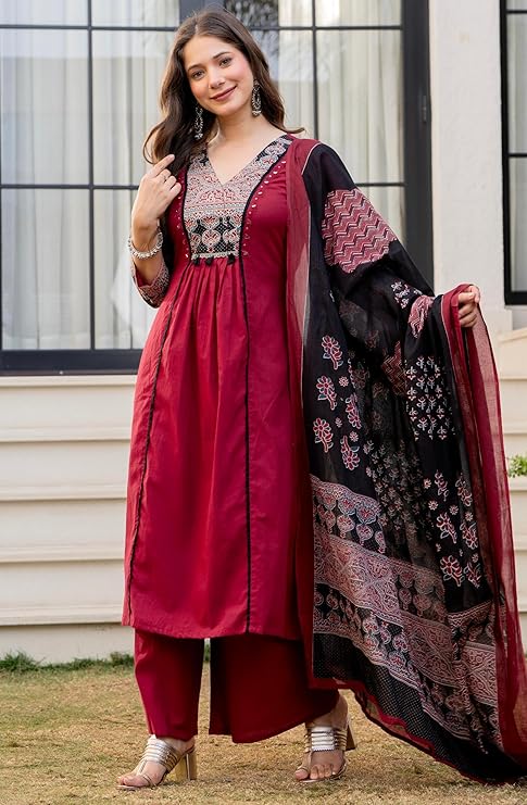Amayra Women's Pure Cotton A-Line Kurta Set with Palazzo Pants & Dupatta|Ethnic wear|Kurti Suit Set for Women