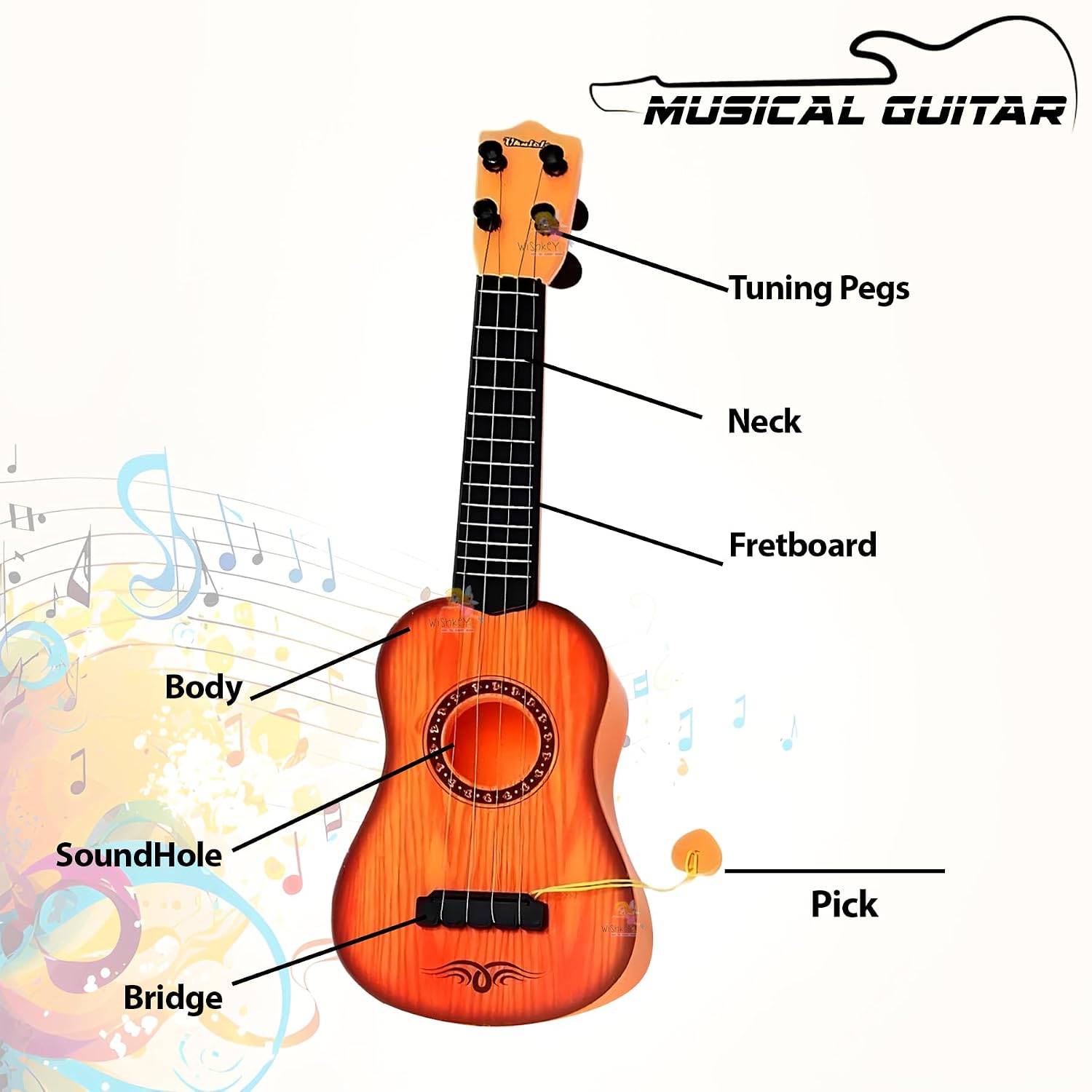 Wishkey Guitar for Beginners Kids Toys for 2-5 Years Boy Or Girl, 4 String Musical Instrument for Early Music Learning, Compact Role Play Guitar Under 2000 for Children