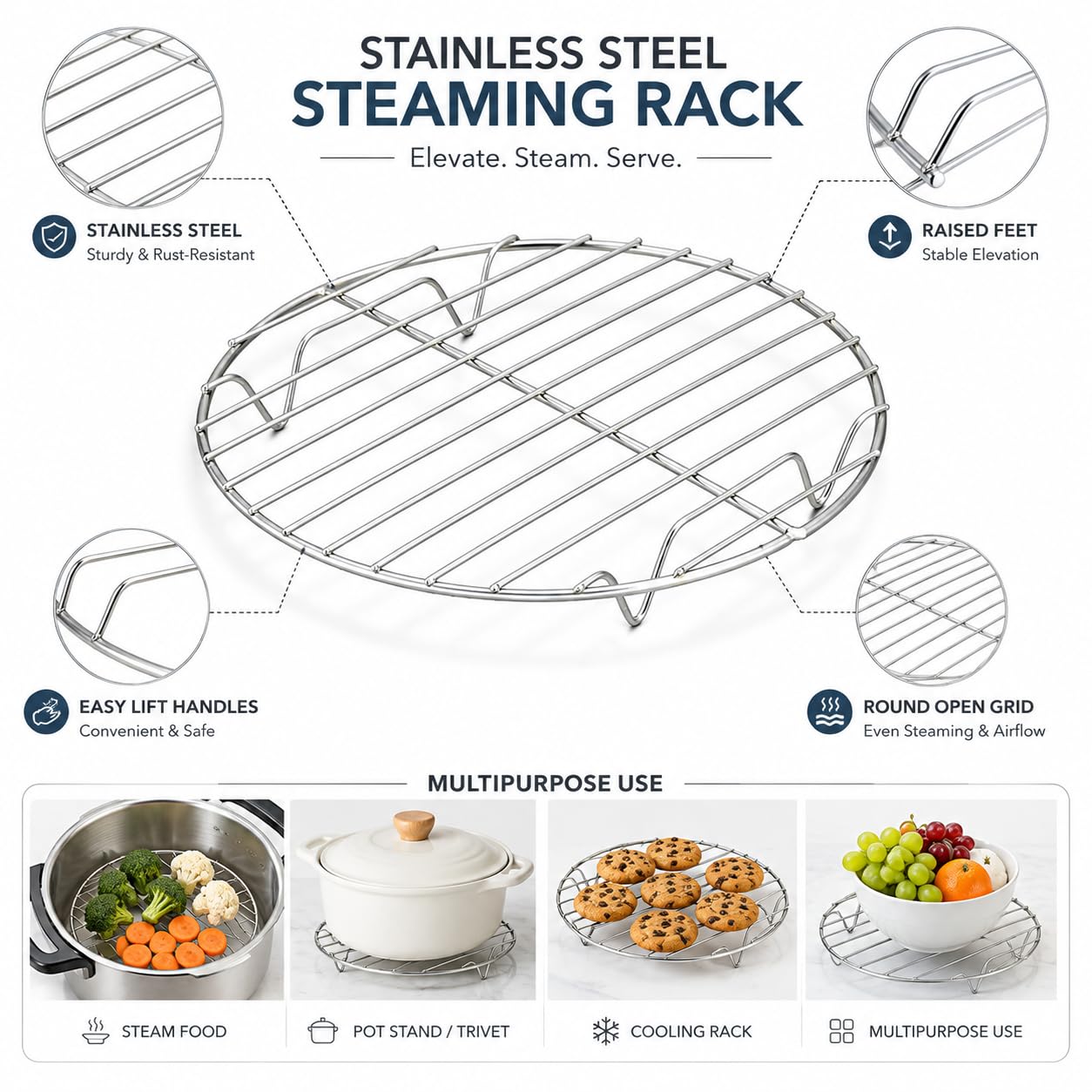 Sulfar Round Cooking Rack, Baking Cooling Steaming Grilling Rack Stainless Steel, Fits Air Fryer/Stockpot/Instant Pot/Pressure Cooker/Round Cake Pan, Oven & Dishwasher Safe