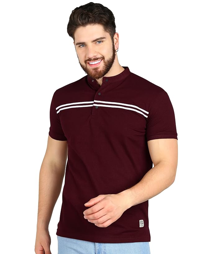 Alan Jones Clothing Men's Cotton Regular Fit Mandarin Collar Solid Polo T-Shirt
