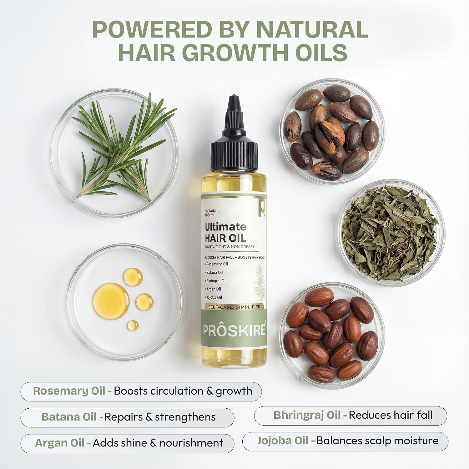 Proskire Ultimate Hair Growth Oil | Lightweight Non-Greasy Hair Growth Oil with Rosemary, Batana & Bhringraj | Reduces Hair Fall & Boosts Hair Density - 100ml