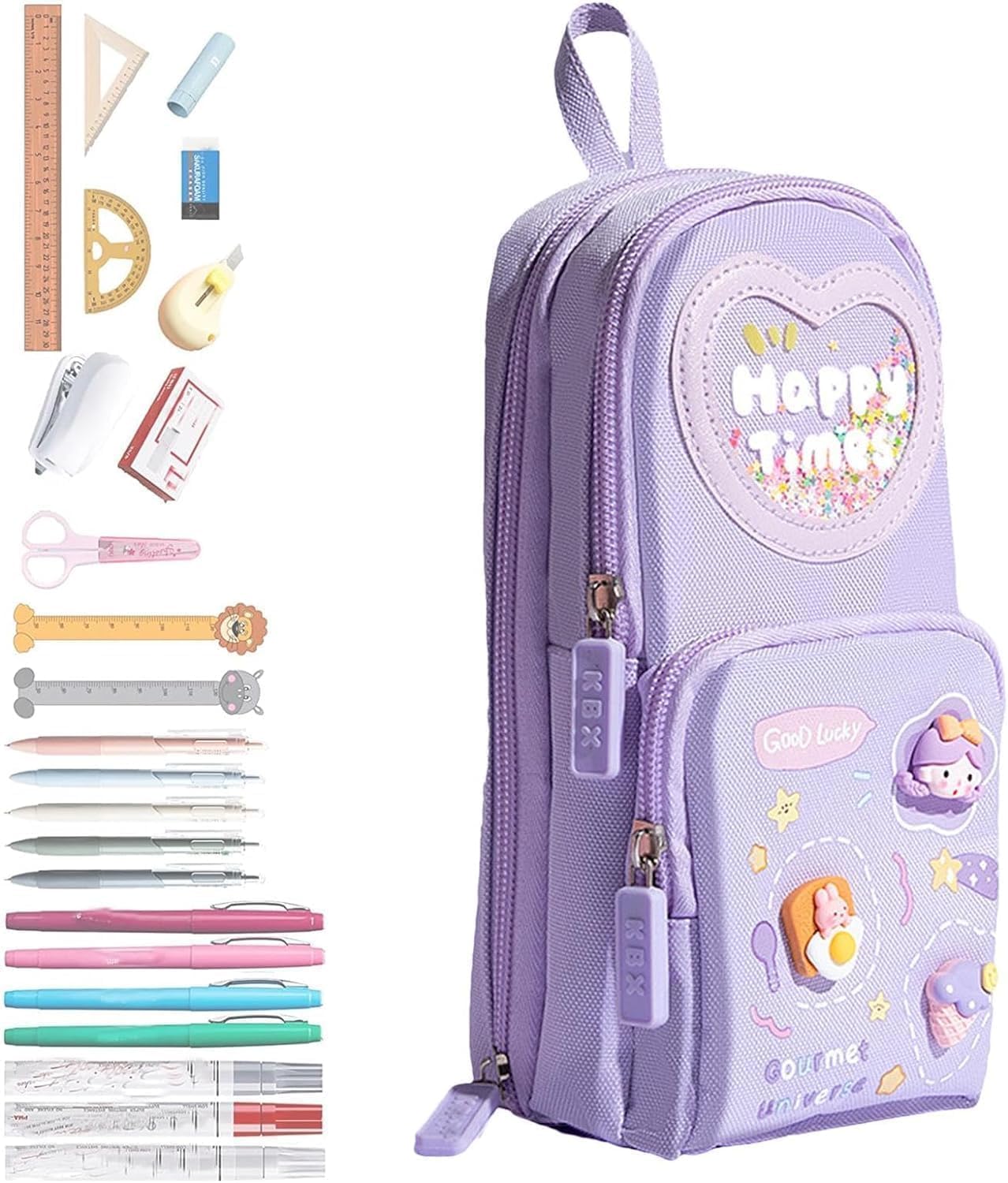 Supreme Deals Canvas Premium Pencil Case, 6 Layer, 3 Compartments, Large Capacity, Cute Aesthetic Design For Girls, Multifunctional Pouch For School Kids, purple