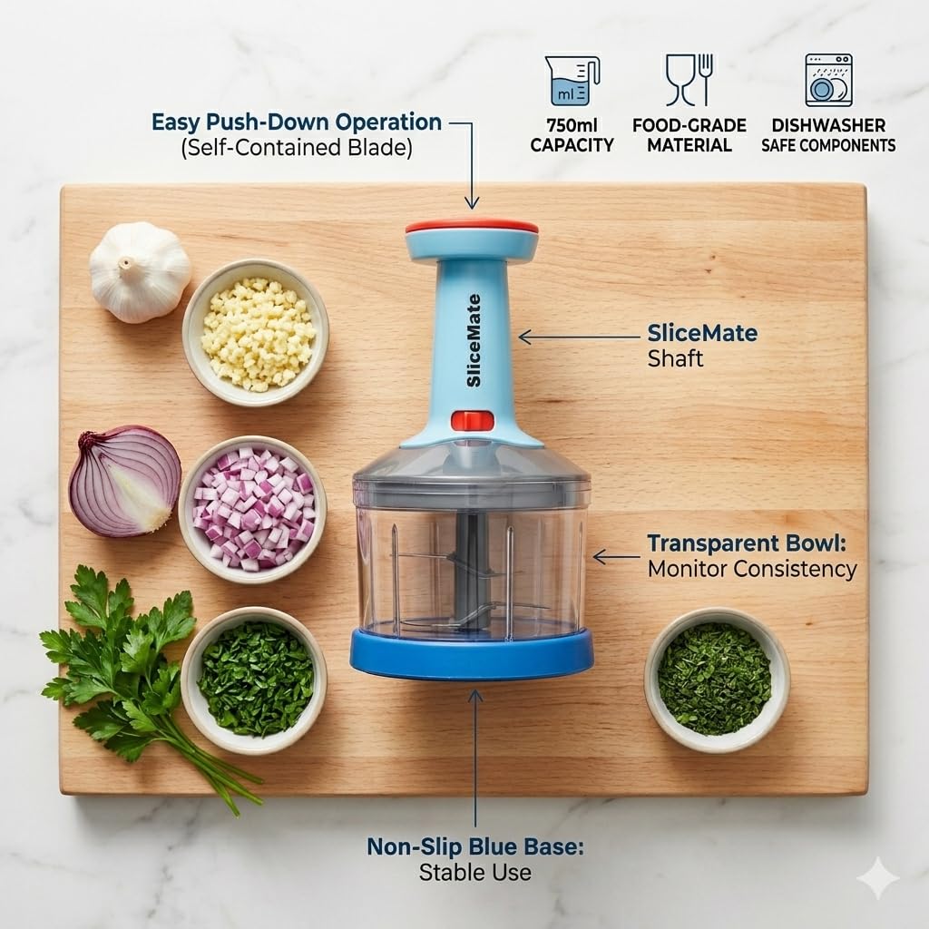 Vegetable Chopper, Manual Food Chopper with 3 Stainless Steel Blades, Onion Cutter, Vegetable & Fruit Chopper, Easy & Fast Kitchen Chopper, Strong Unbreakable Bowl