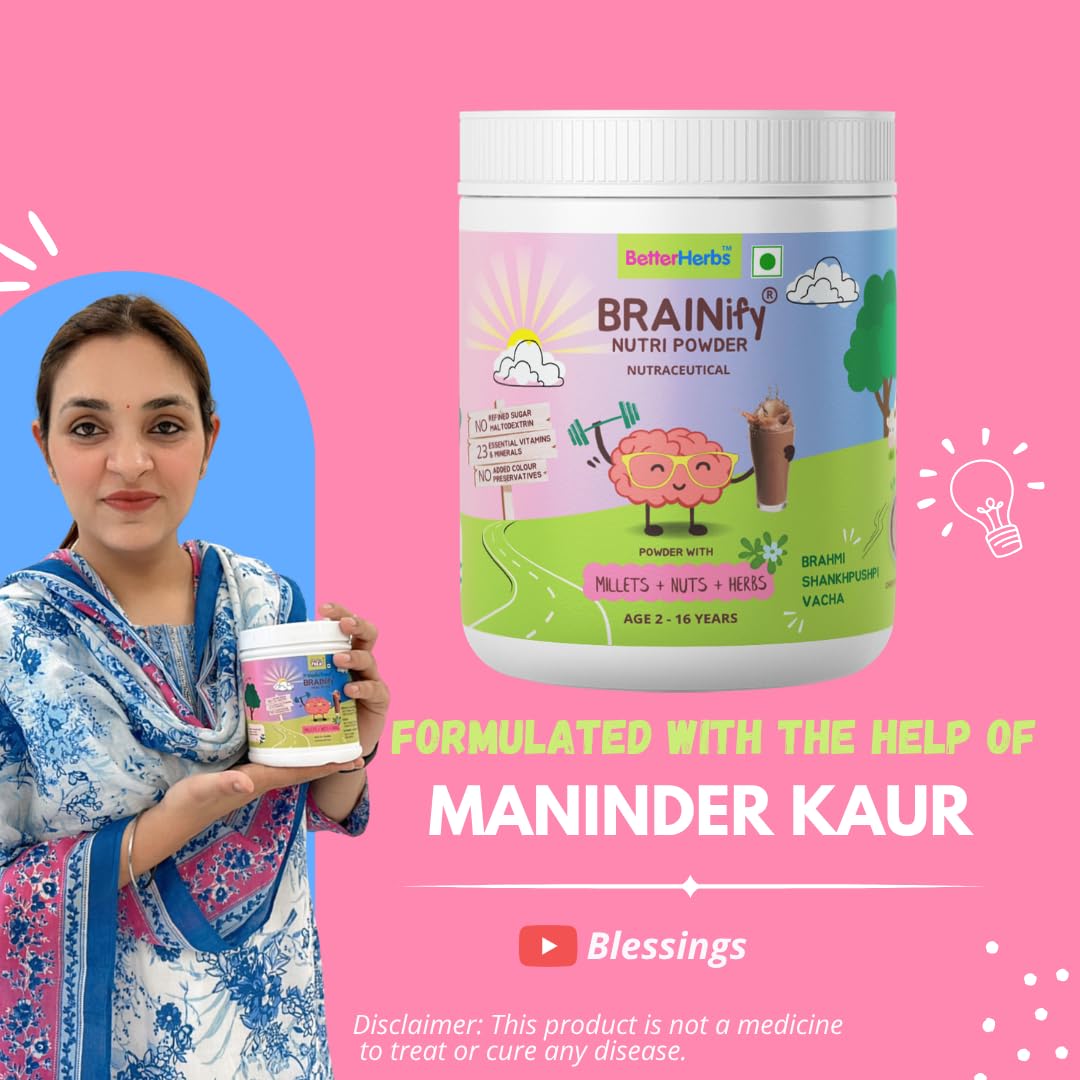 BRAINIFY by BetterHerbs Nutrition Drink Powder Chocolate - 325g | 2-16 Years | No Refined Sugar | 7 Herbs + Millets + Nuts | 23 Essential Nutrients | Brahmi + Shankhpushpi + Vacha