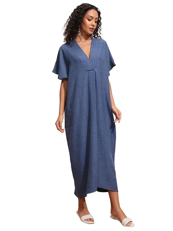 Tokyo Talkies Women's Dresses for Women | Solid Color | Kaftan Style | Holiday Midi Dress | Short Kaftan Sleeves | Relaxed & Elegant