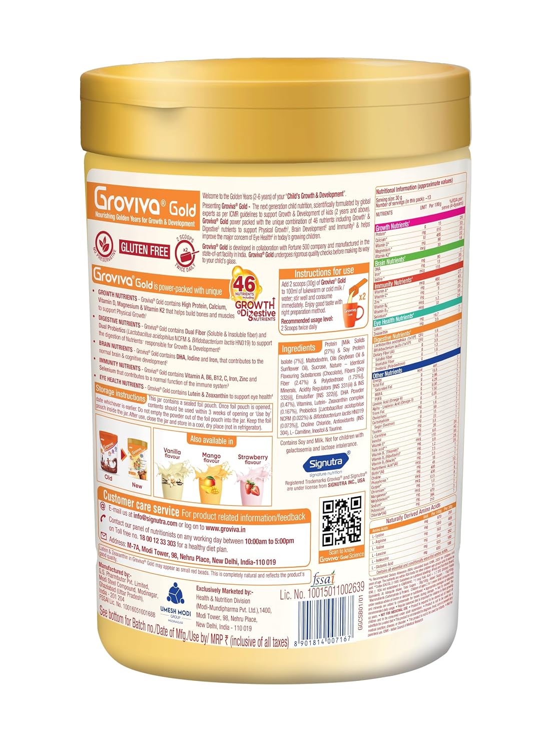 Groviva Gold Milk Protein Powder for Kids | 2-6 Years | 400g Chocolate Jar| 46 Nutrients | Growth & Digestive Nutrients | Supports Physical Growth, Brain Development, Immunity & Eye Health