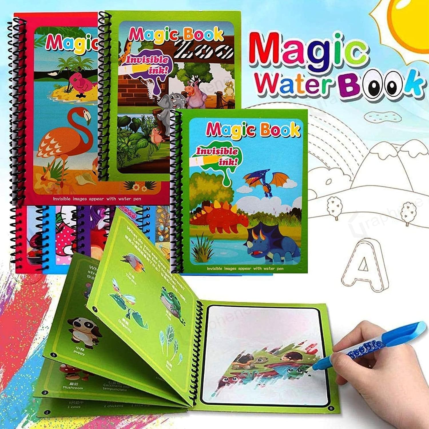 Graphene Magic Water Coloring Book, Educational Fun & Bonding Time for Kids, Reusable, Mess-Free Art with Quick Dry Technology, Promote Fine Motor & Drawing Skills, Ideal Travel