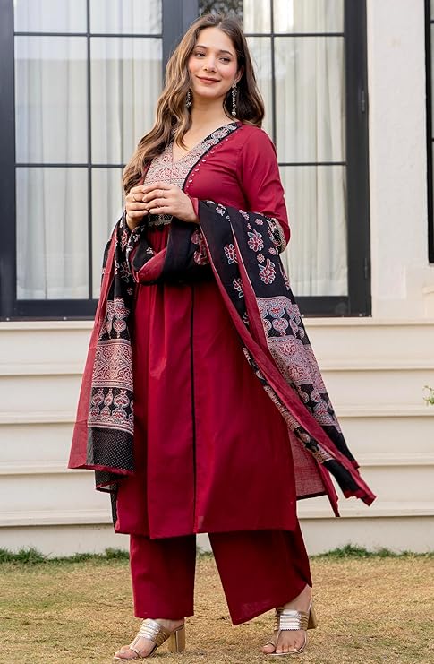 Amayra Women's Pure Cotton A-Line Kurta Set with Palazzo Pants & Dupatta|Ethnic wear|Kurti Suit Set for Women