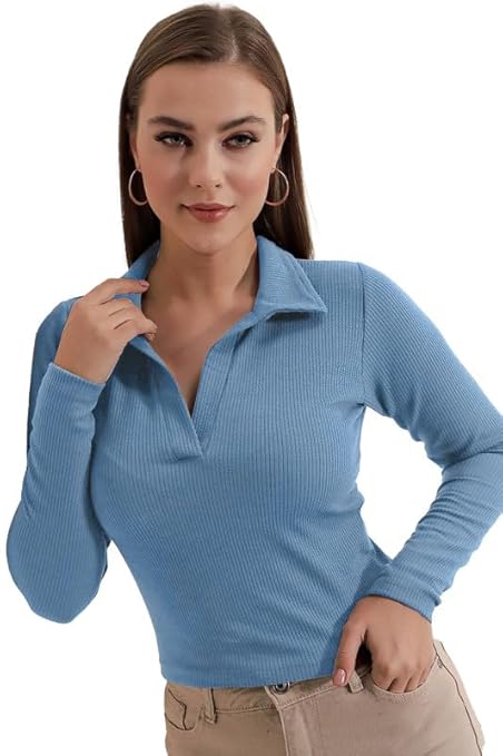 Dream Beauty Fashion Women's Collared Neck Long Sleeve Slim Fit Casual Tee Top, 23" inches (Apple-01-P)